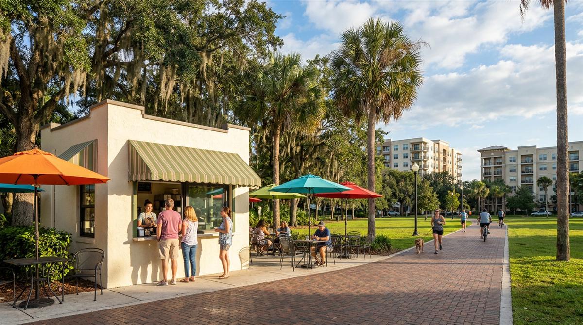 Rendering of a walk-up coffee kiosk in St. Pete Commons with a striped awning, sidewalk café tables under colorful umbrellas, and neighbors walking and biking along a brick path.