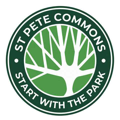 St. Pete Commons, Start With the Park. Circular badge with white live oak branches on a green field.