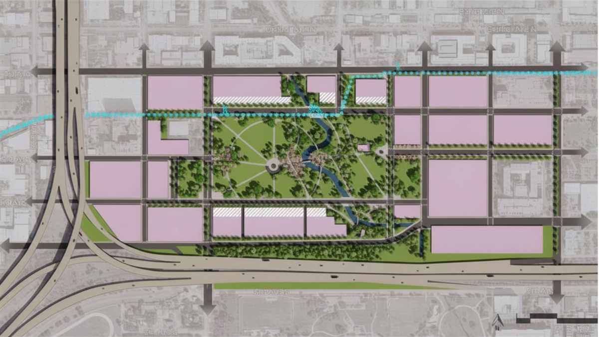 Concept site plan of the Trop site with the street grid reopened: arrows show walking, biking, and driving connections north, south, east, and west around a central 30-acre park.